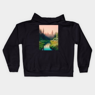 AI Generated Art Scenery - Lush Green Forest Mountains In The Back And River Kids Hoodie